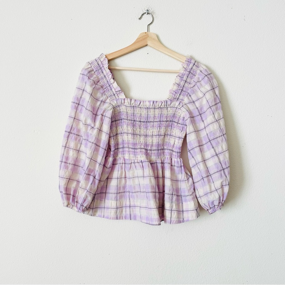 GANNI SIZE 34 Seersucker purple plaid smocked peplum top